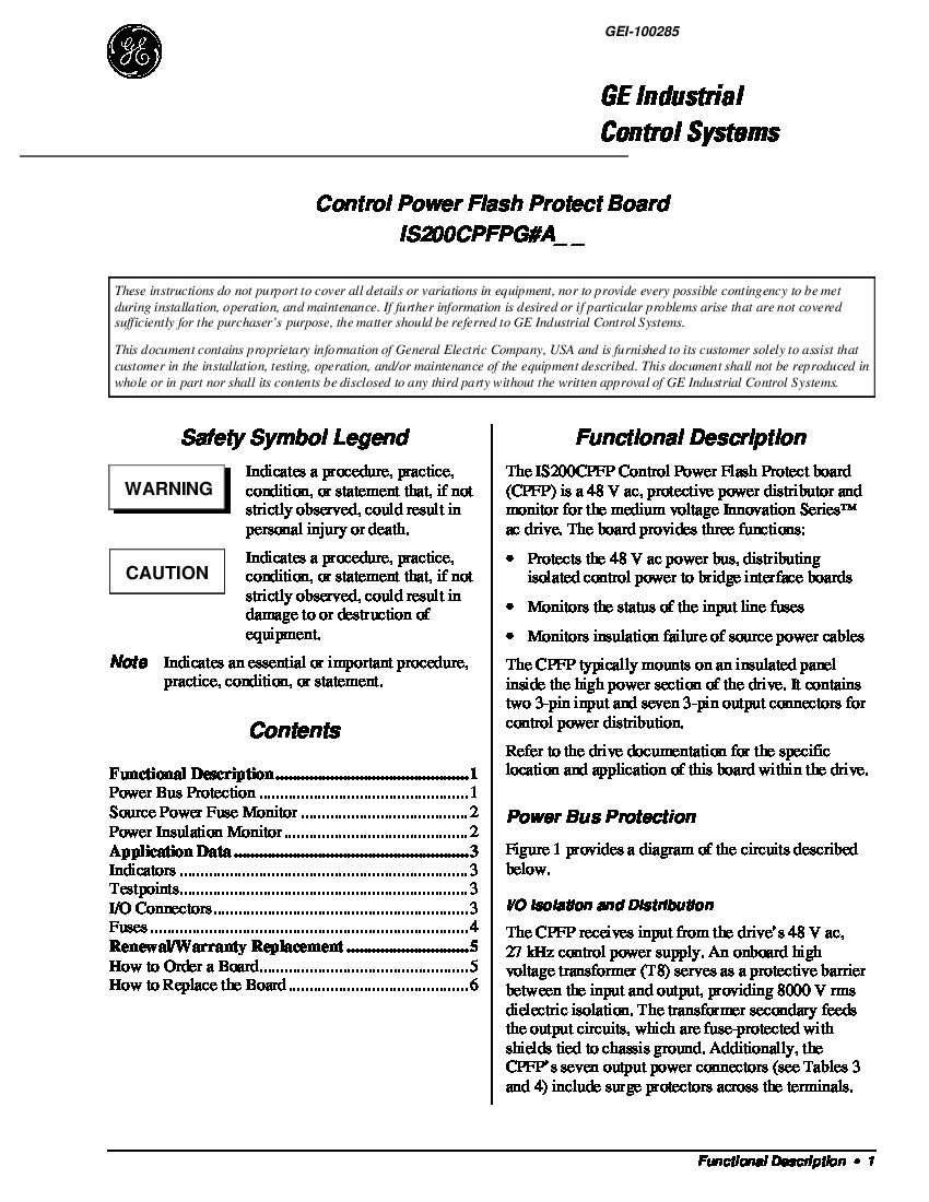 First Page Image of IS200CPFPG Control Power Flash Protect Board GEI-100285.pdf